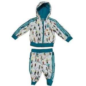 Baby Adidas Teal Blue and White 2 Piece Full Zip Graphic Tracksuit Size 9 Months